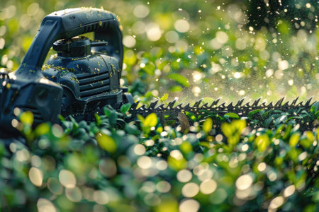 Gardener trimming hedge with electric trimmer. Home and garden conceptの素材