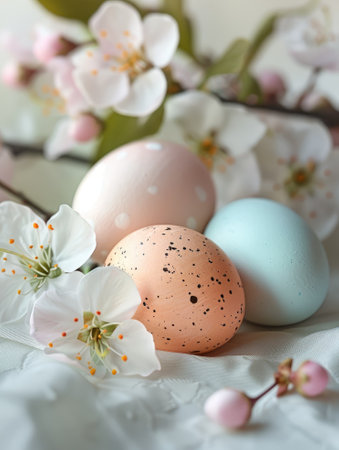 Soft pastel colored Easter eggs nestled among cherry blossoms representing spring and festivityの素材