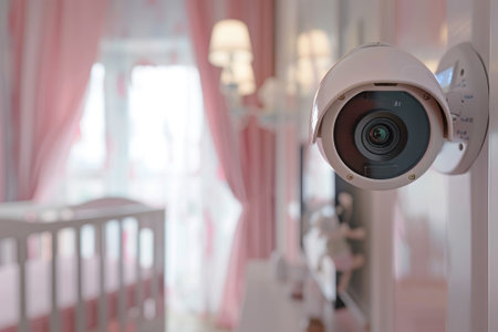 Baby monitor overseeing a cozy nursery room with a crib and playful decorationsの素材