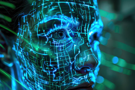 Futuristic image of a cyber woman with neon makeup and glowing eyesの素材