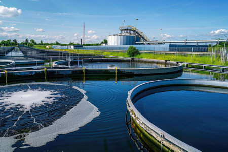 Modern wastewater treatment plant of chemical factory. Water purification tanksの素材