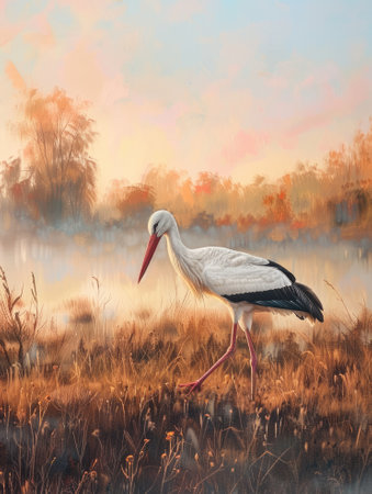 White stork ciconia ciconia the bird is walking in the meadow dawn.の素材