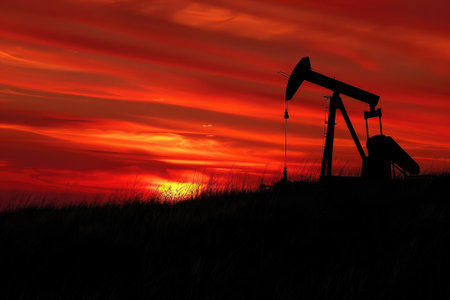 Oil pump jack silhouette against sunsetの素材