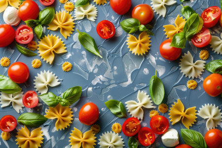Overhead view of assorted pasta, cherry tomatoes, and basil on a blue textured backgroundの素材