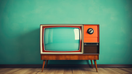 Colorful retro television set against wallの素材