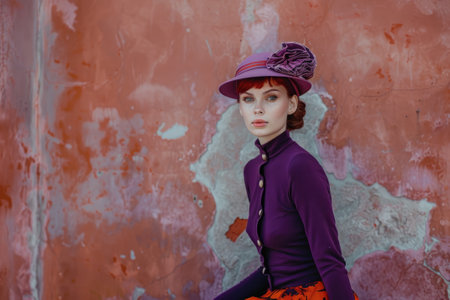 A stylish woman poses in a large purple hat and matching attire, highlighting elegance and retro fashionの素材