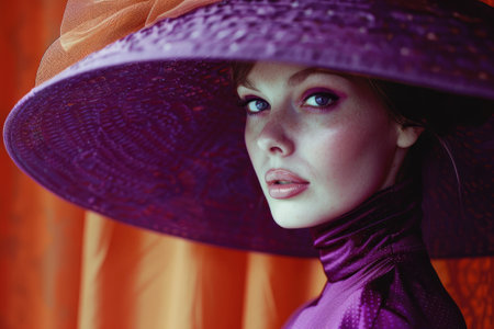 A stylish woman poses in a large purple hat and matching attire, highlighting elegance and retro fashionの素材