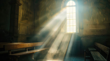 Light falling through a window in an old church with wooden pews. Religious and spiritual enlightenmentの素材