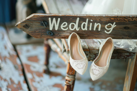 Wedding sign and bridal shoes on wooden backgroundの素材