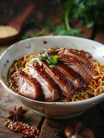 Delicious barbecued duck on noodles in a bowlの素材