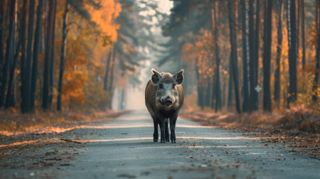 Boar standing on the road near forest. Road hazards, wildlife and transport.の素材