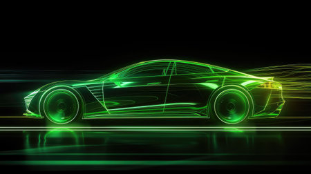Green neon glowing in the dark electric car on high speed running concept.の素材