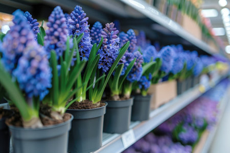 Many blue violet flowering hyacinths in pots are displayed on shelves in floristic stores or at street markets.の素材