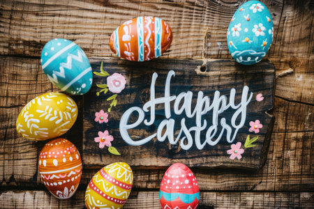 Happy Easter greeting with colorful eggsの素材