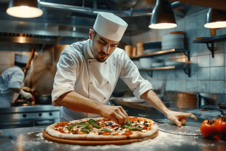 Pizza chef finishing the preparation of a tasty pizza in a professional pizzeria restaurant kitchen.の素材