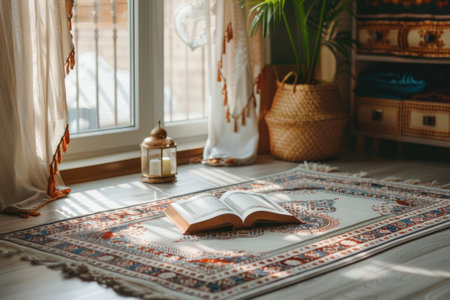 Open Koran on Muslim prayer rugの素材