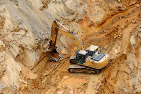 An excavator in the sand at a construction site.の素材