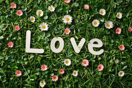 Grass with flowers and white text "Love" top view --ar 3:2 Job ID: fd37ede2-0265-4fd0-a55c-376347e66311の素材