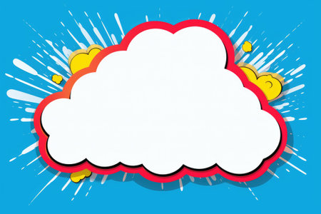 Bold and colorful comic style explosion cloud against a dotted blue backdrop in classic pop art traditionの素材