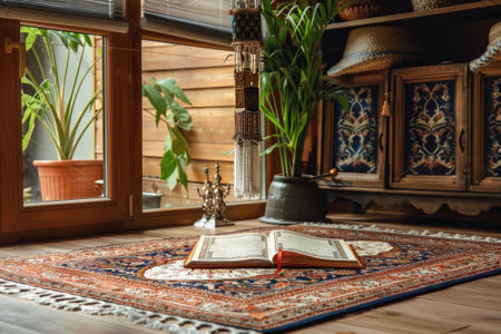 Open Koran on Muslim prayer rugの素材