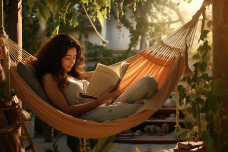 Woman reading book in a hammockの素材