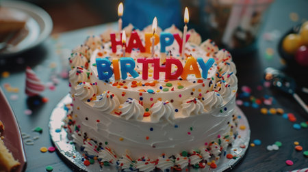 Happy birthday cake with candles and confetti.の素材