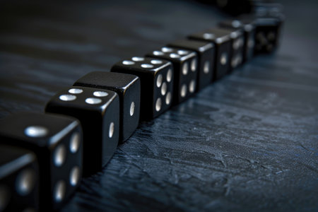 Row of standing dominoes on dark surfaceの素材