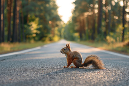 Squirrel standing on the road near forest. Road hazards, wildlife and transport.の素材