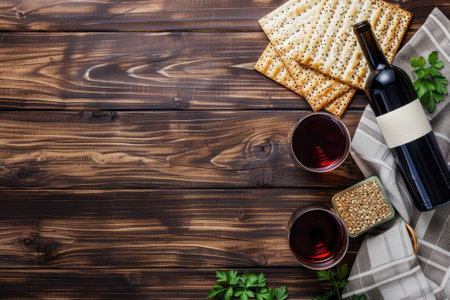 Traditional Jewish Passover Seder meal with matzo, wine and herbs on a wooden backgroundの素材