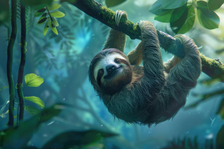 Sloth hanging from a tree in a natural habitatの素材