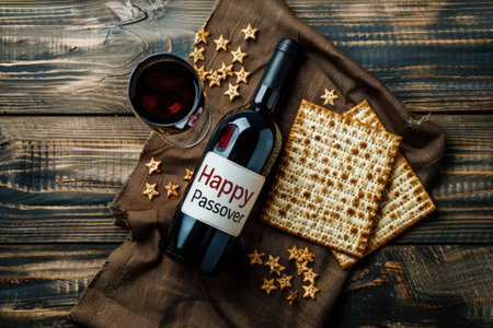 Traditional Jewish Passover Seder meal with matzo, wine and herbs on a wooden backgroundの素材