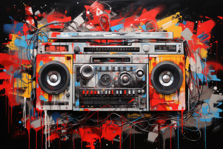 A vibrant graffiti painting of a classic boombox, representing music and urban street artの素材