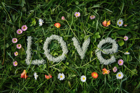 Grass with flowers and white text "Love" top view --ar 3:2 Job ID: fd37ede2-0265-4fd0-a55c-376347e66311の素材