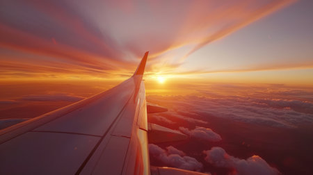 Aircraft wing during a vibrant sunsetの素材