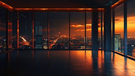 Cozy room with large panoramic windows overlooking the bustling city at sunsetの素材