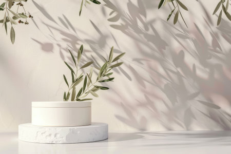 Product display podium for natural products. Empty scene with olive tree branch cosmetic mockup cleanの素材