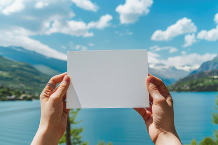Human hands display a white empty card against a picturesque landscape of a serene mountainous lakeの素材