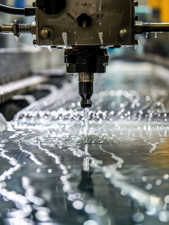 Waterjet Cutting. Machine using water pressure to cut through stainless steel materials --ar 16:9 Job ID: 4575ffd1-f742-4297-8eb2-416d70a99b83の素材