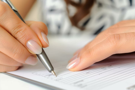 Close up of a female hand holding a pen and filling in a formの素材