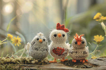 Knitted small chickens on a natural background. Happy Easterの素材