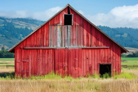 Red barn on farm landscapeの素材