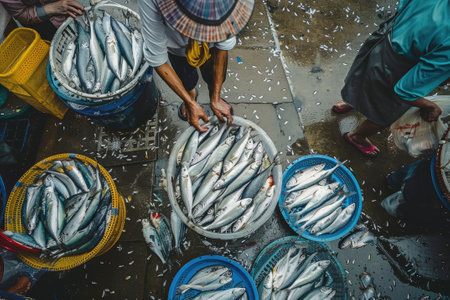 Vietnam traditional fish market people selling fresh fish on the sidewalkの素材