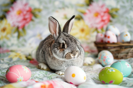 Adorable gray rabbit surrounded by painted Easter eggs and spring flowers, evoking Easter happinessの素材