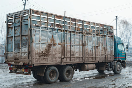Rusty old car parked in winter in an empty parking lot. Animal transport truckの素材
