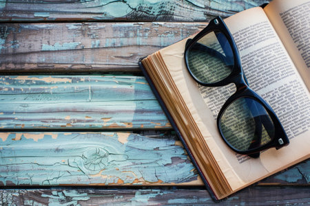 Vintage book and eyeglasses on wooden surfaceの素材