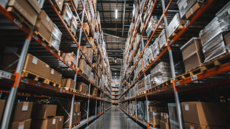 Shelves lined with boxes in a distribution centerの素材
