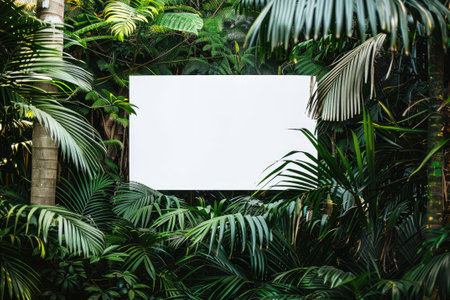 Blank billboard in a lush green jungle settingの素材
