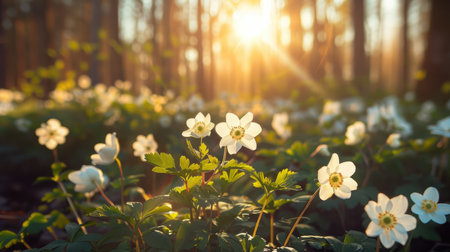 White primroses in spring in the forest close-up in sunlight in nature. Spring forest with blooming white anemonesの素材