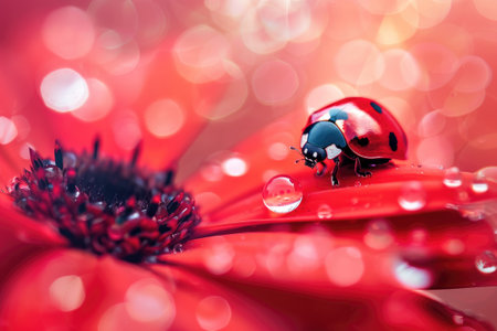 A ladybug sitting on a red flower on a blurred backgroundの素材