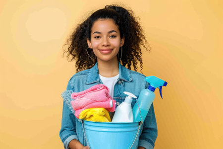 Woman holding bucket with cleaning suppliesの素材